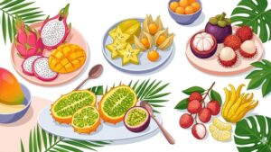 Композиция из экзотических фруктов в подарочной корзине для статьи о лучших вкусовых сочетаниях